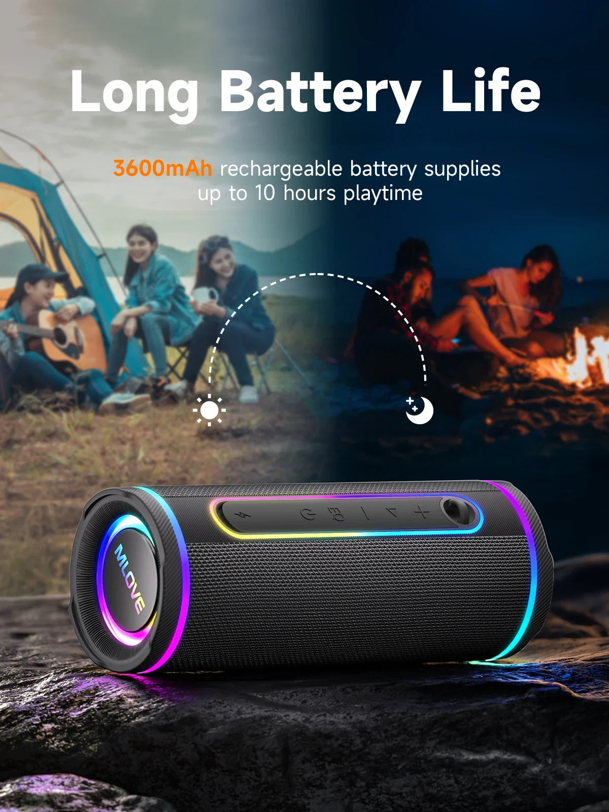 MLOVE E80 portable Bluetooth speaker with RGB LED ring, black cylindrical design.
