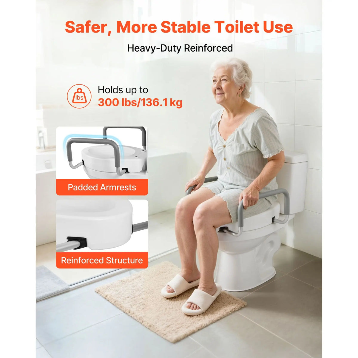 Raised toilet seat with padded arms; supports up to 300 lbs and 3.5-inch lift.