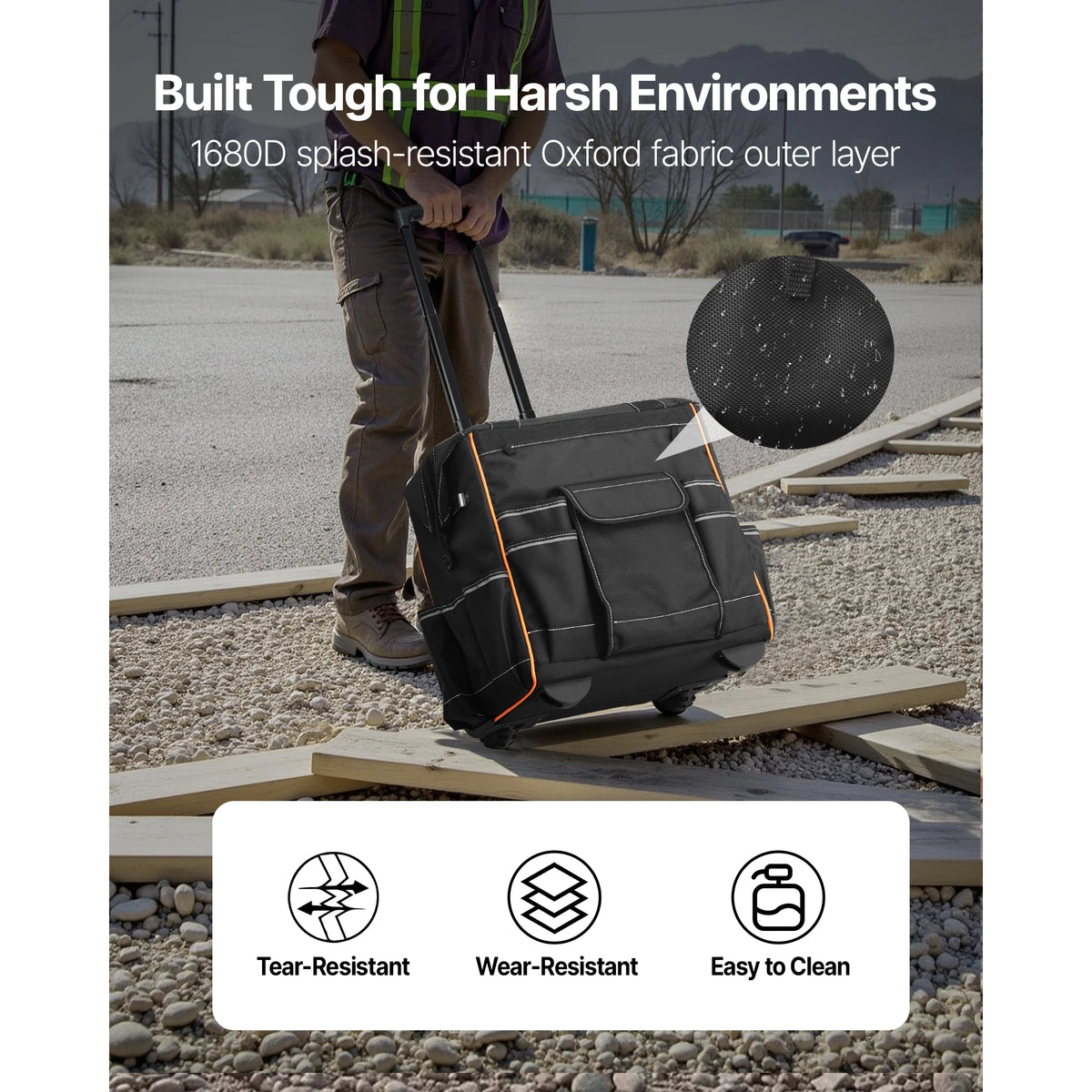 SucceBuy rolling tool bag on wheels with telescoping handle, black with orange trim and 25 pockets