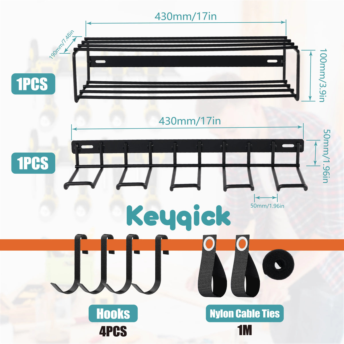 Double-layer wall-mounted power tool storage rack with non-slip hooks for charging drills