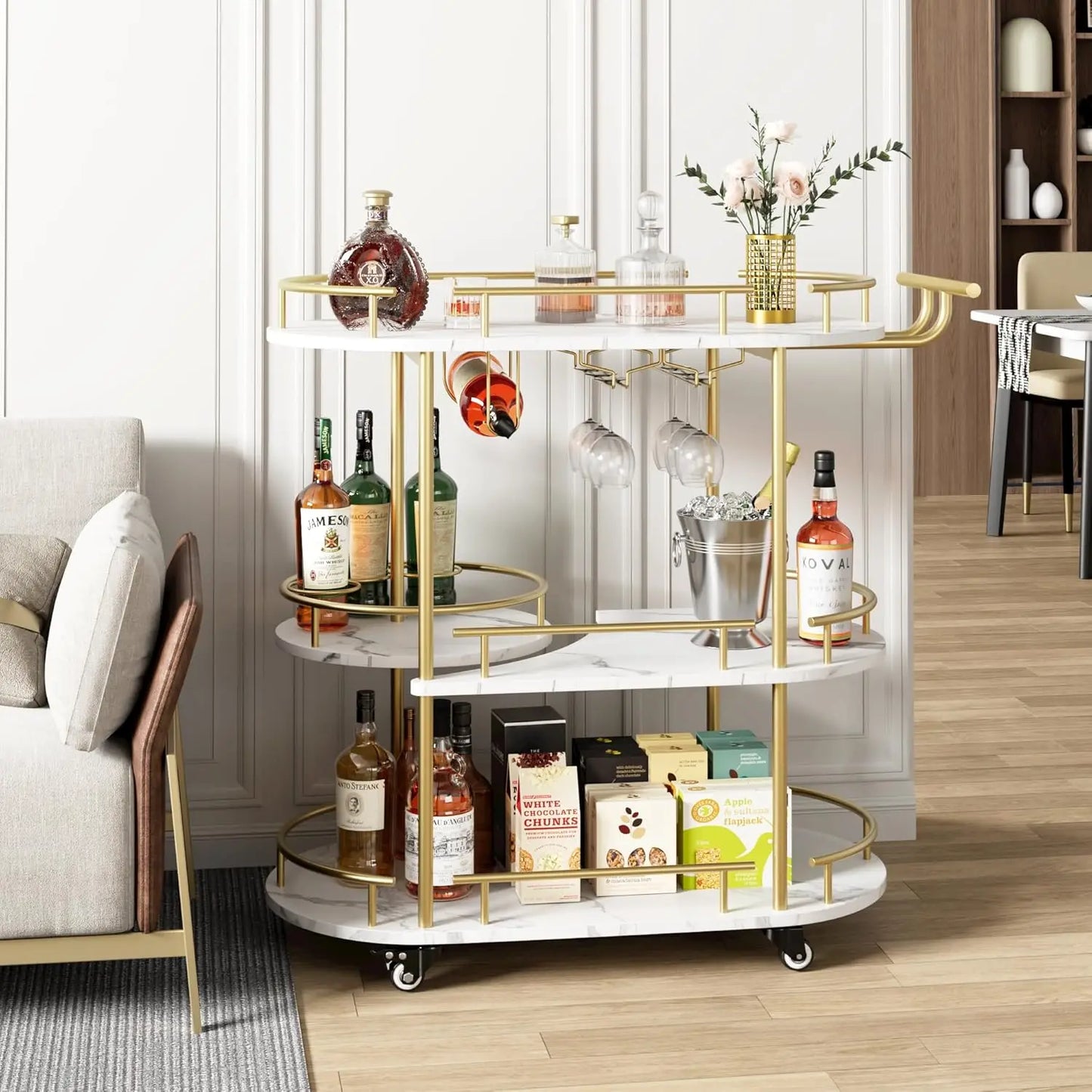 3-tier drinks trolley bar cart with wheels, gold frame, white marble shelves, and wine glass holders.