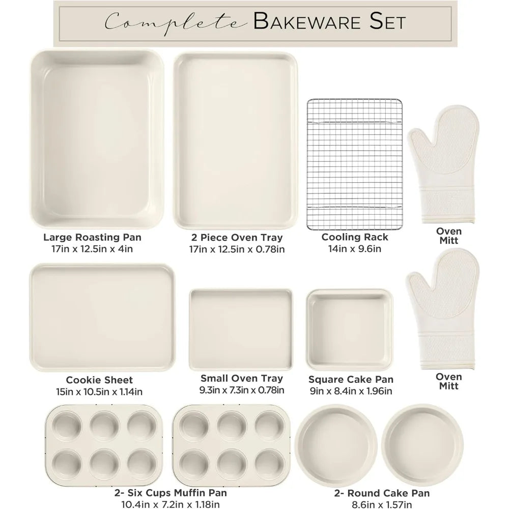 Nonstick cream bakeware set by S And B Enterprise, 13-piece; pans, trays, muffin & cake pans, cooling rack, oven mitts