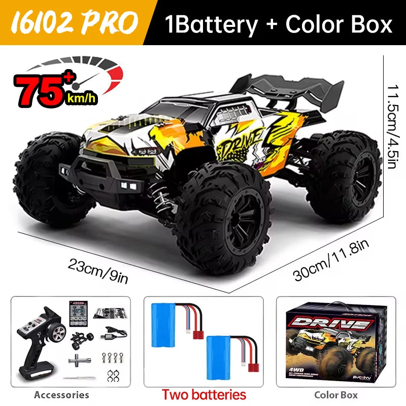 WLtoys 16101 Pro 1:16 RC monster truck by S And B Enterprise with LED lights, 4WD, yellow/black, includes two batteries