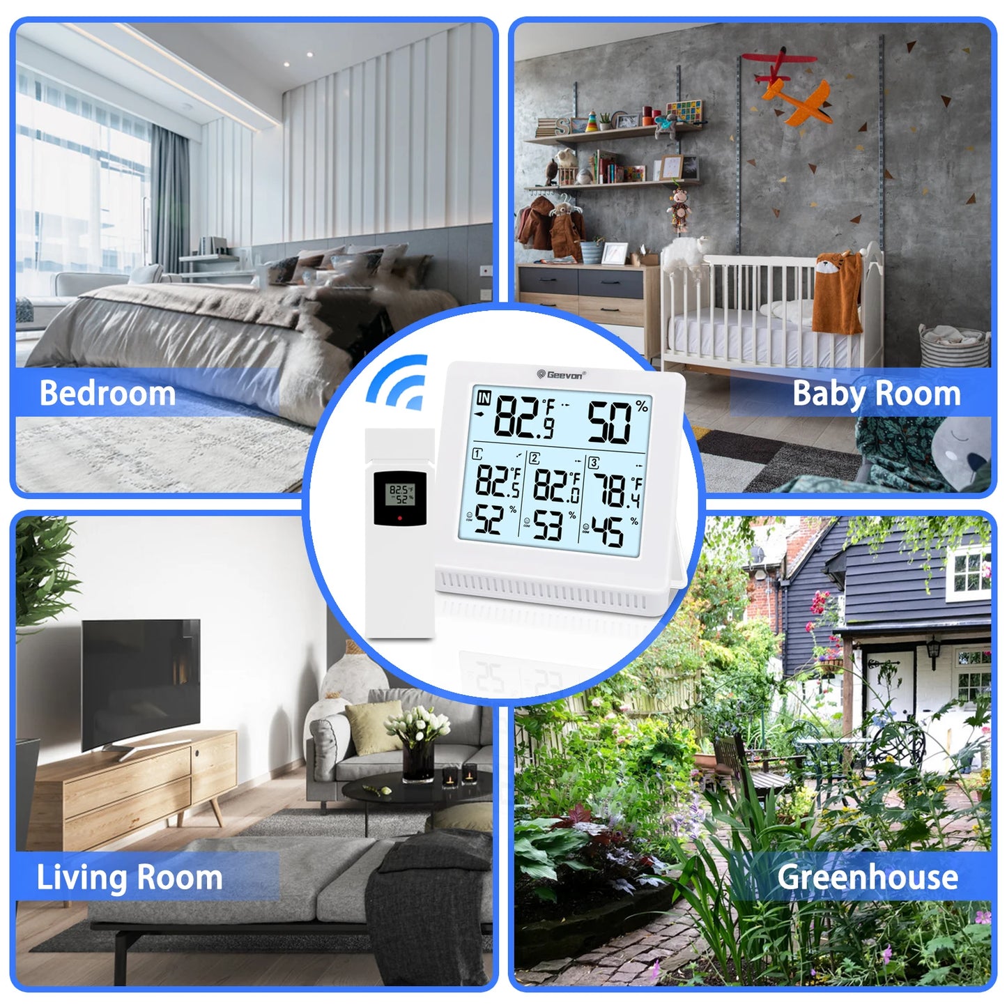 Geevon wireless indoor-outdoor thermometer with 3 remote sensors; white display by S And B Enterprise, 4-room collage
