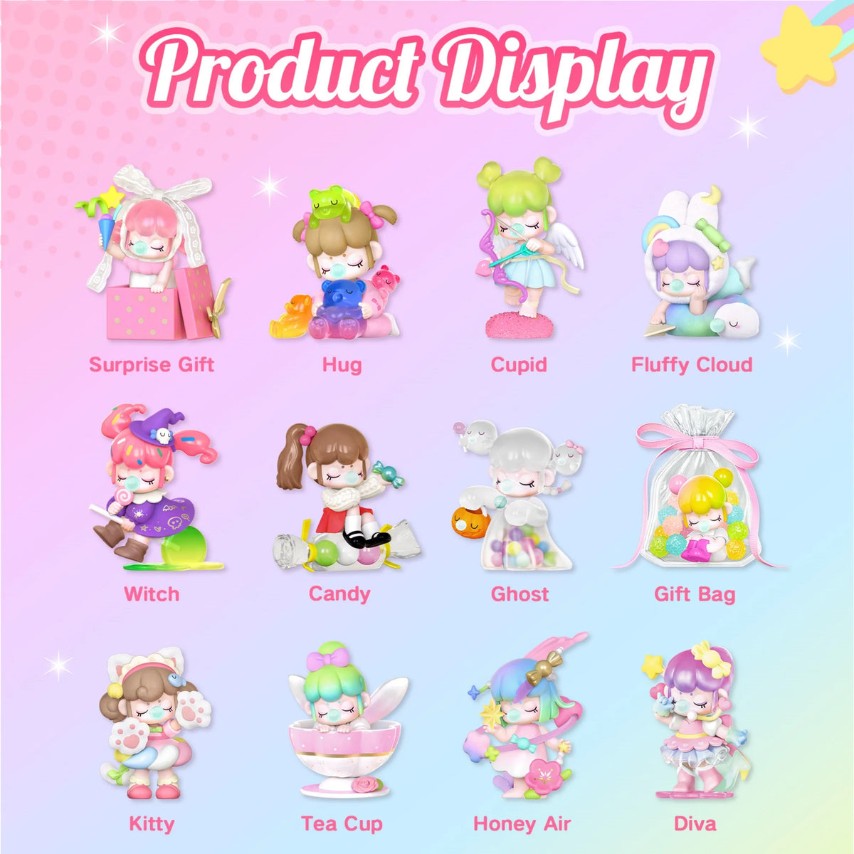 Rolife Nanci Blind Box display with pastel collectible dolls by S And B Enterprise, including Surprise Gift, Hug, Cupid.