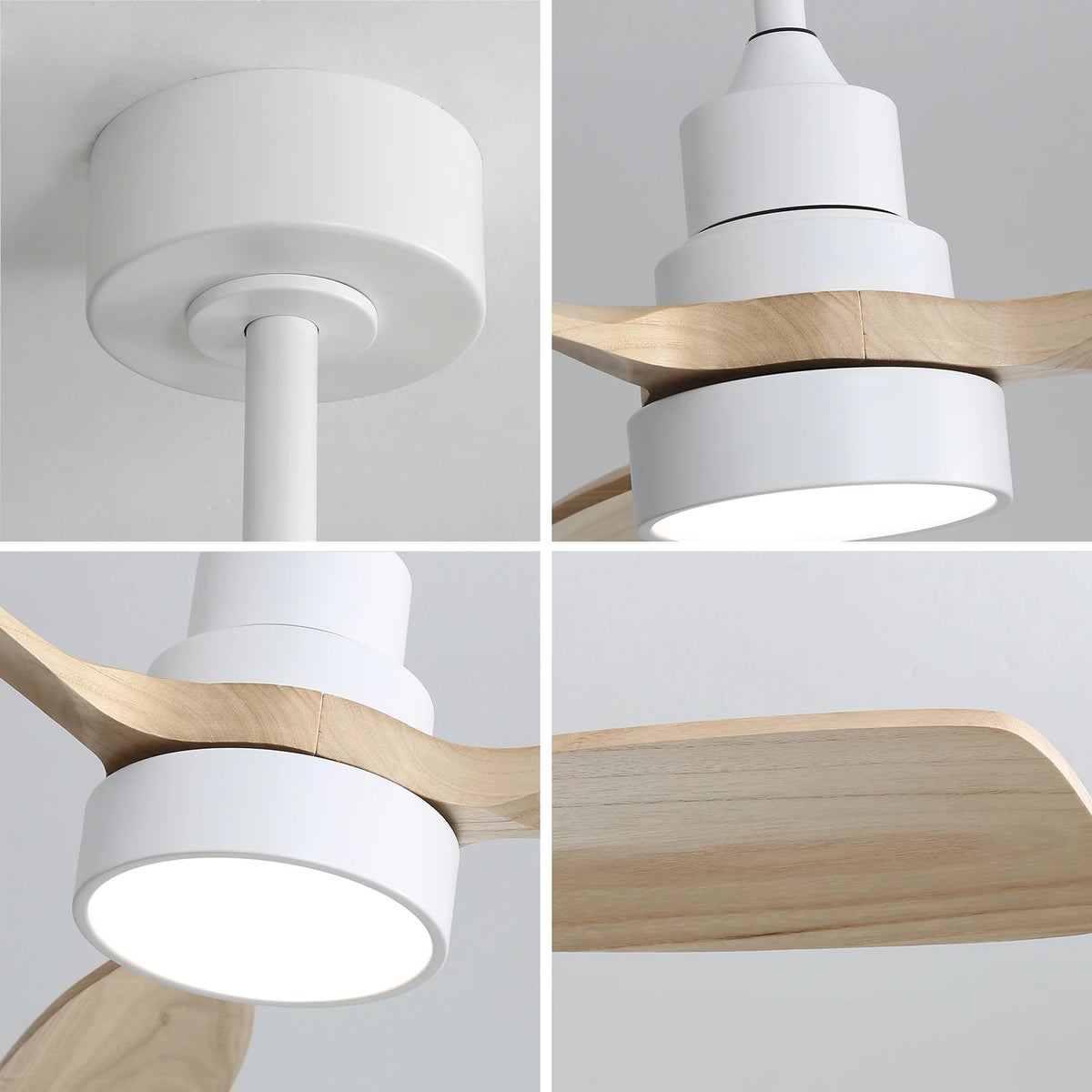 Sofucor 48-inch wood ceiling fan with LED light, white housing and natural wood blades; remote control