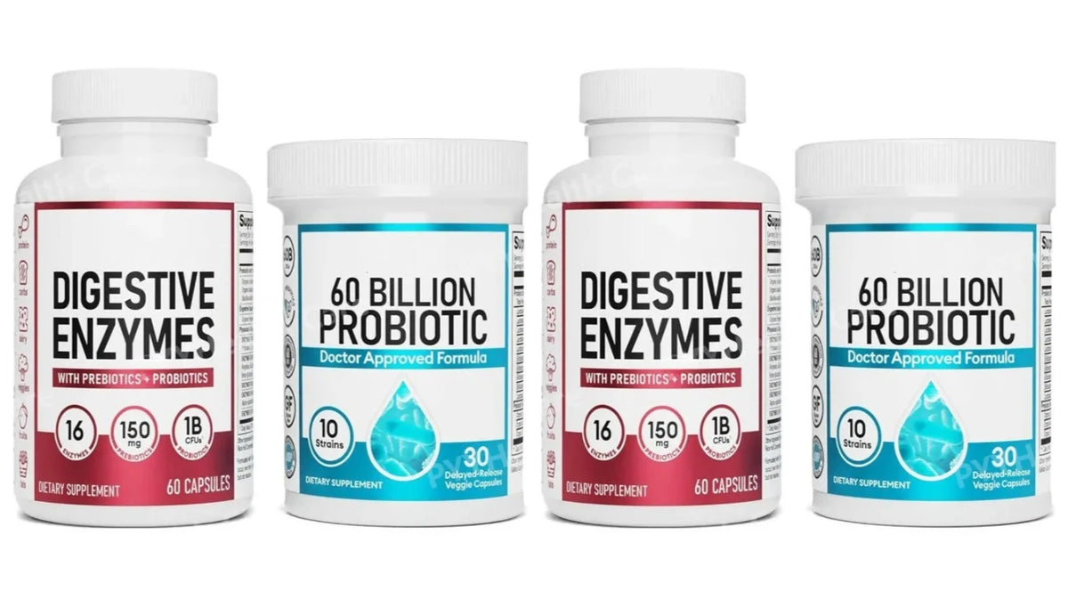 Four white supplement bottles from S And B Enterprise: two Digestive Enzymes and two 60 Billion Probiotic capsules.