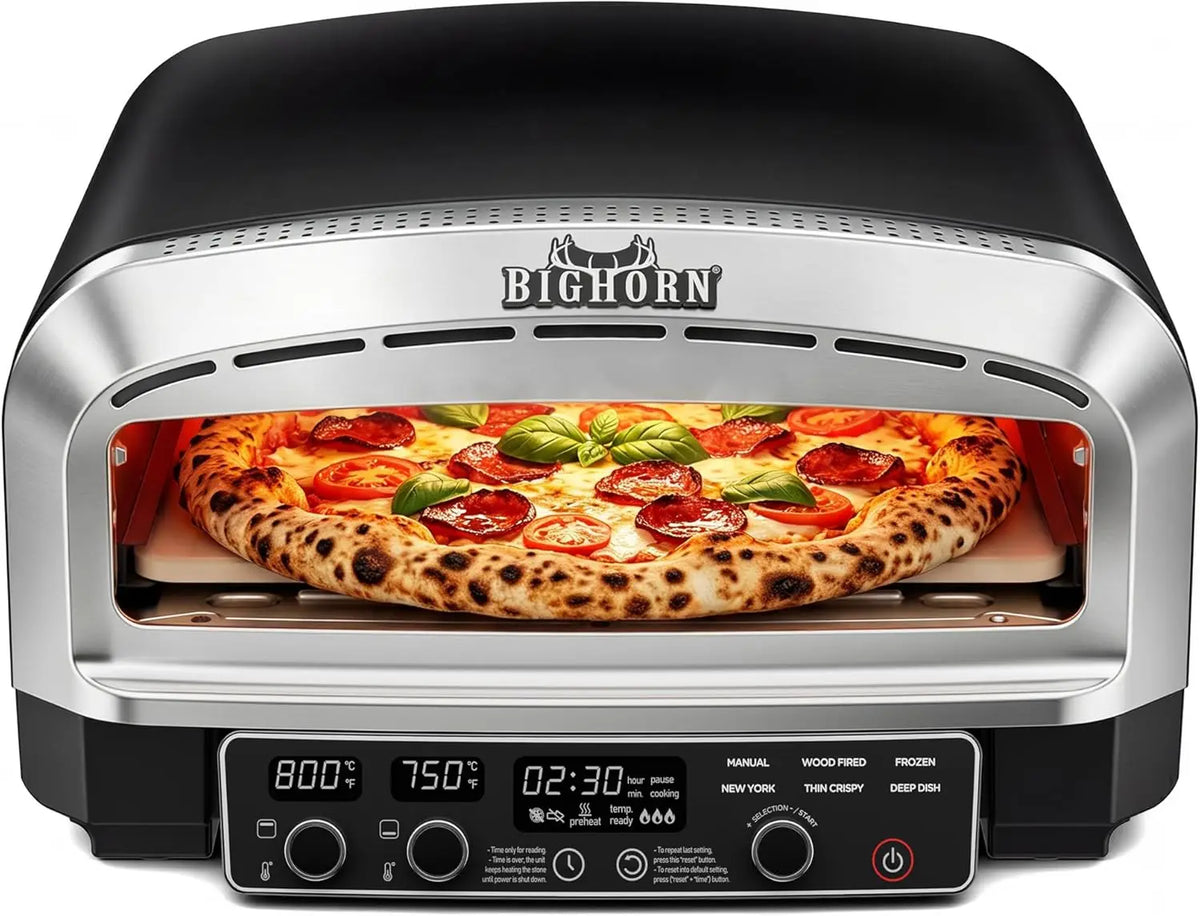 Electric countertop pizza oven by Big Horn, 14-inch capacity with pizza stone, pizza inside.