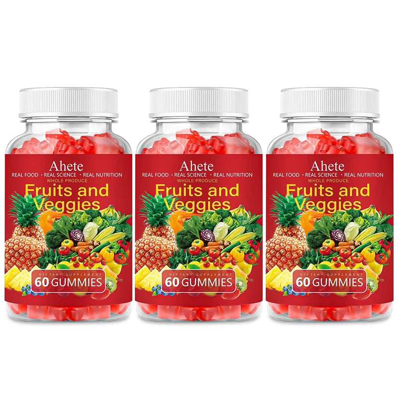 AHETE Fruits & Veggies Gummies trio of red-labeled bottles, each with 60 gummies