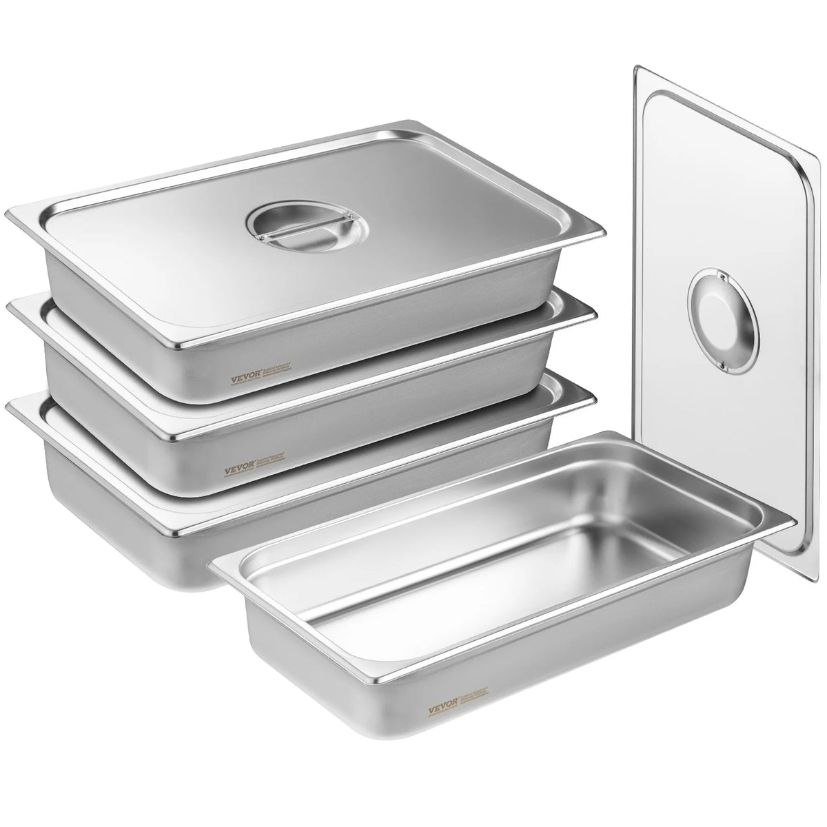 Stainless steel full-size hotel pans with lids, 4-pack, 4-inch deep, anti-jam design, VEVOR-branded