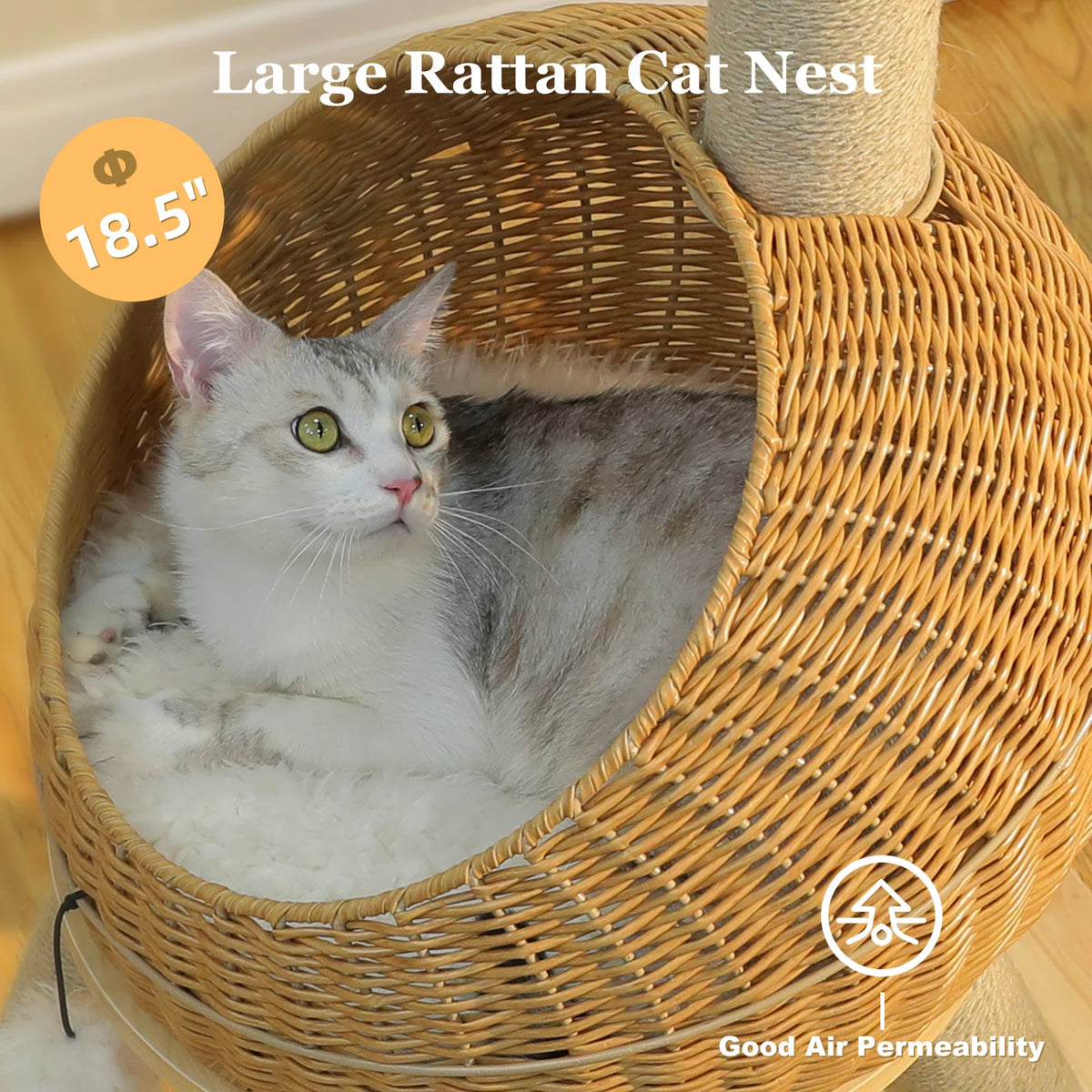 Large rattan cat nest condo with removable mat and sisal scratching post, cat inside