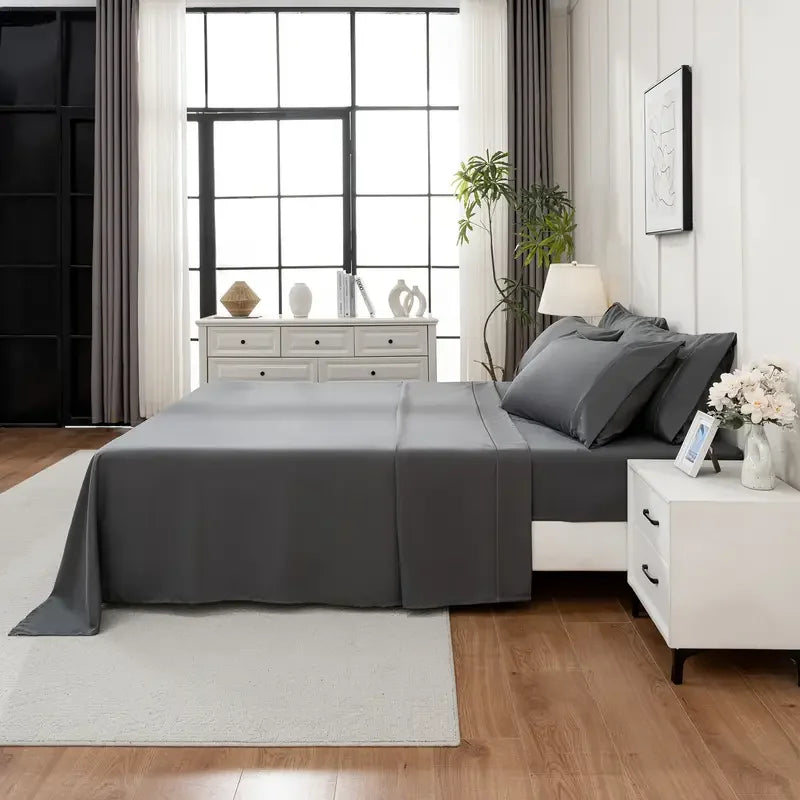 4pc/6pc bamboo cooling queen sheet set in dark gray, breathable bedding on a modern bed