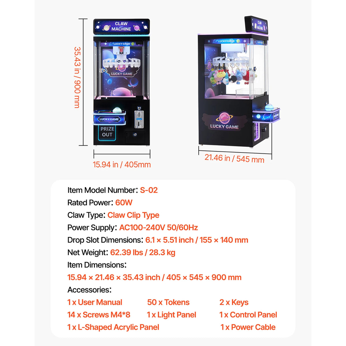 Claw crane machine, front and side views; black cabinet with blue-purple space graphics and Lucky Game signage