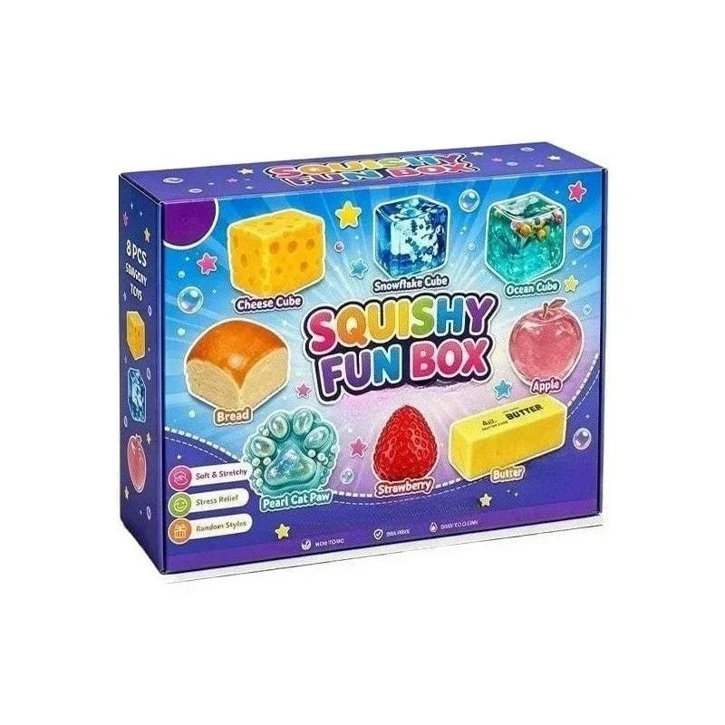Squishy Fun Box Advent Calendar, 8 malt candy squishies including cheese cube, snowflake cube, ocean cube, bread, apple.