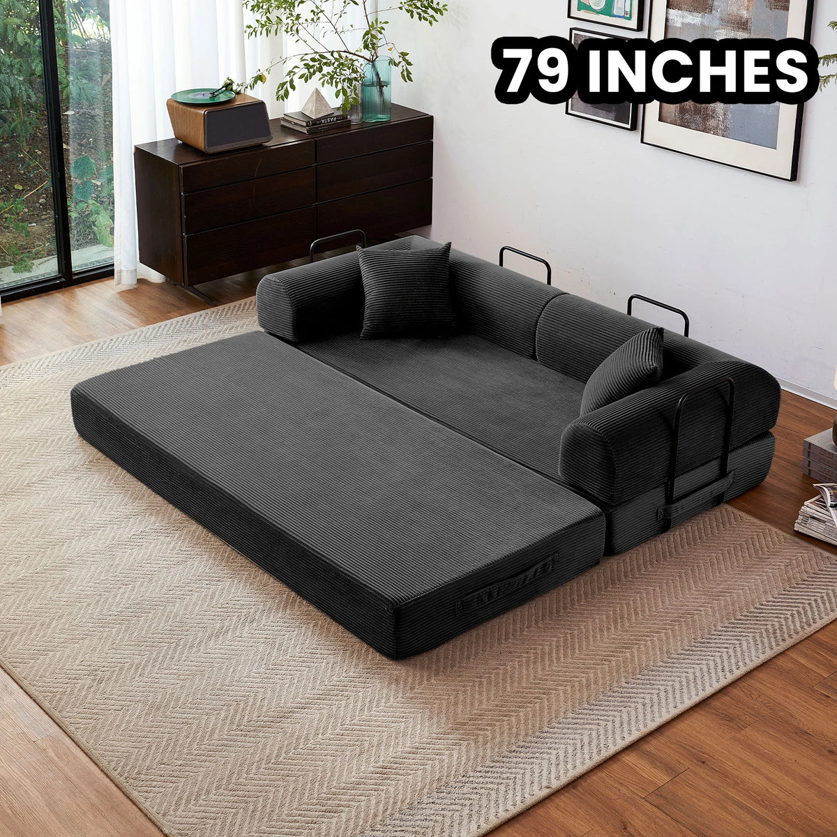 79-inch boneless futon sofa bed in dark gray fabric with L-shaped metal armrests for living room