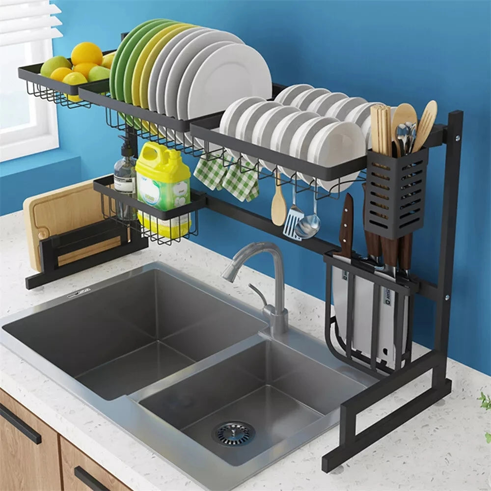 Dish Drying Rack over the sink; stainless steel drainer with utensil/knife holder and hooks - S And B Enterprise.