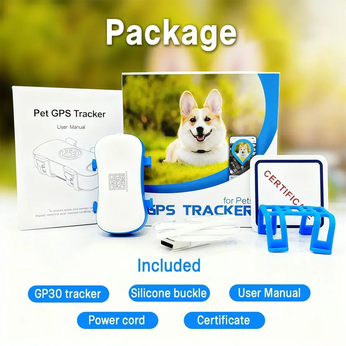 GPS Pet Tracker 4G with built-in SIM by S And B Enterprise; includes device, manual, silicone buckles, power cord and certificate