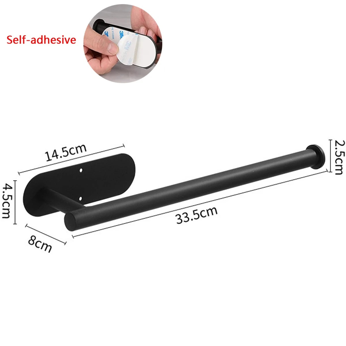 Black metal self-adhesive paper towel holder, 33.5 cm long, wall-mounted towel rack for kitchen and bathroom.