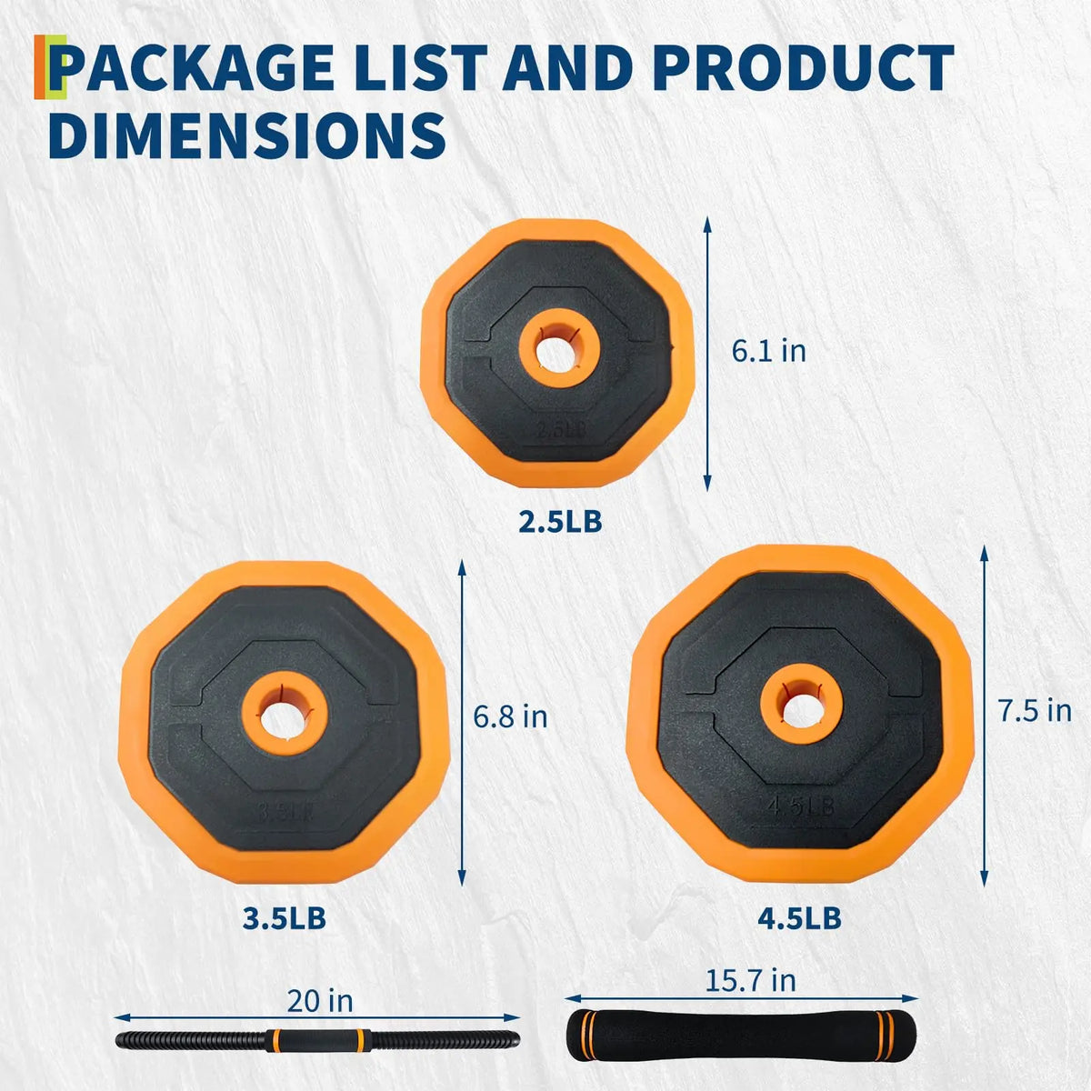 Adjustable dumbbells set by S And B Enterprise with orange/black weight plates and bar; 44 lb capacity, 4-in-1 home gym