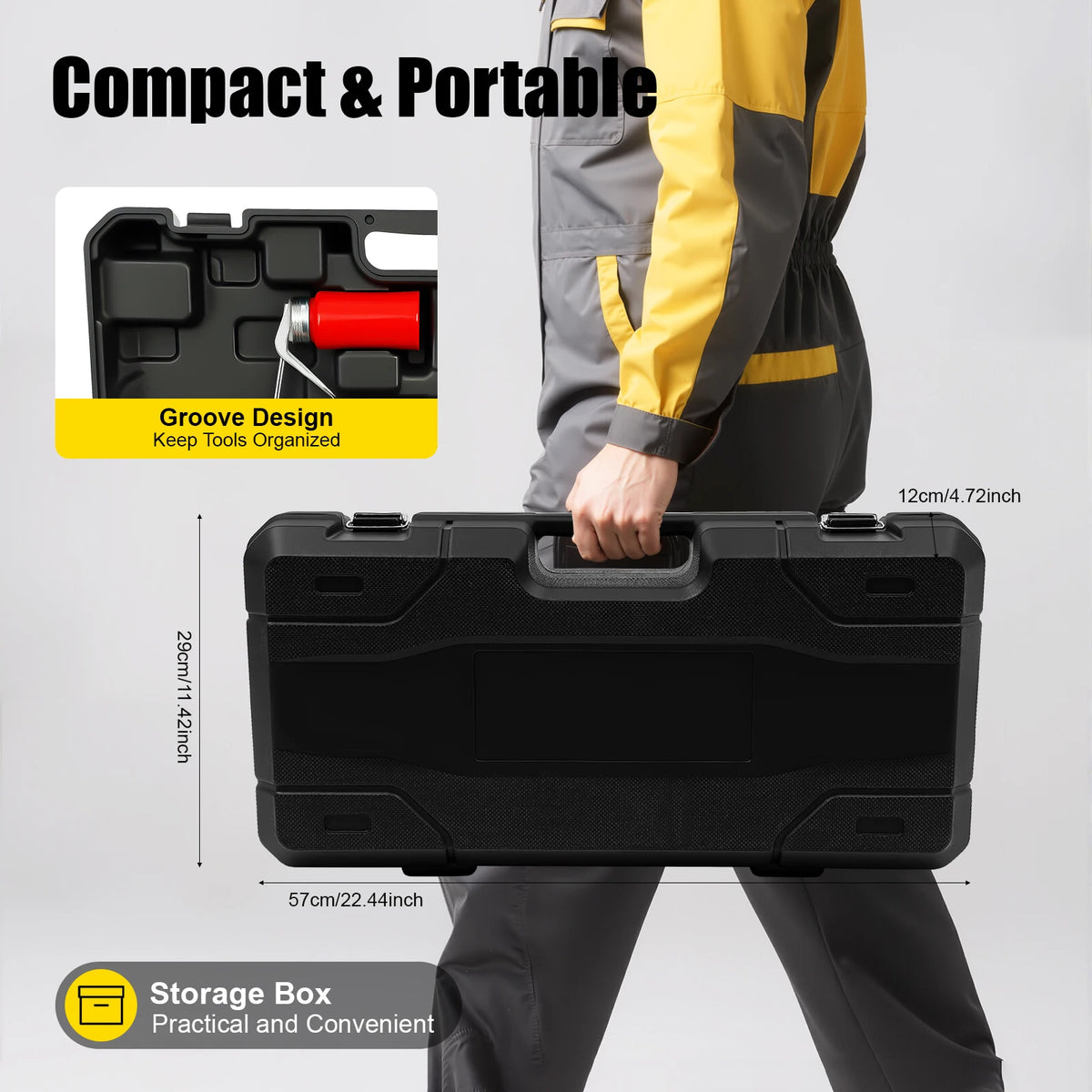 Pipe threading kit in a compact black storage case; red-handled tool visible in inset.