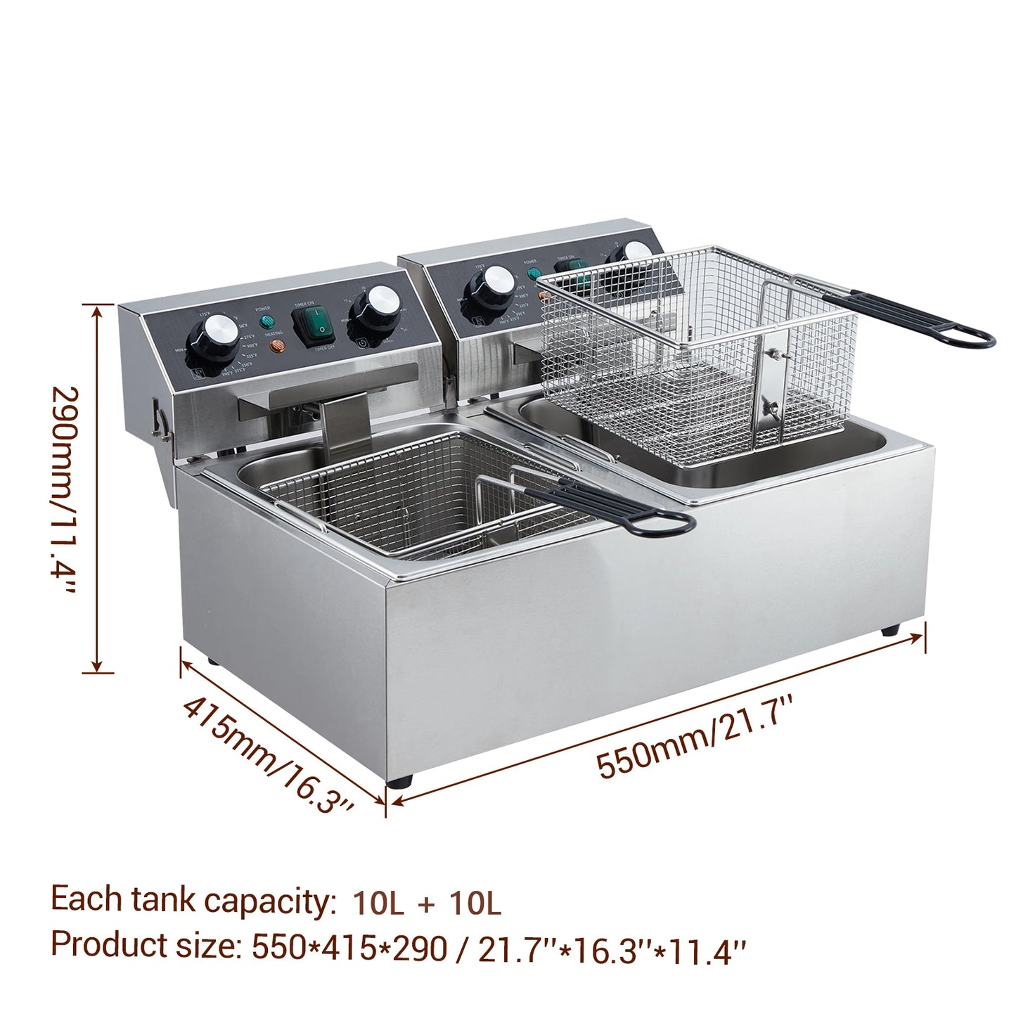 Adoolla Commercial Electric Dual Tank Countertop Stainless Fryer