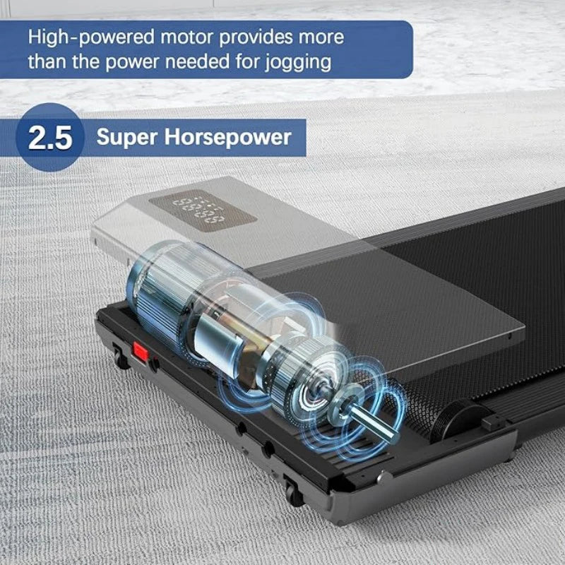 Black home treadmill with LCD display and 2-in-1 walking/running design; transparent motor diagram overlay.