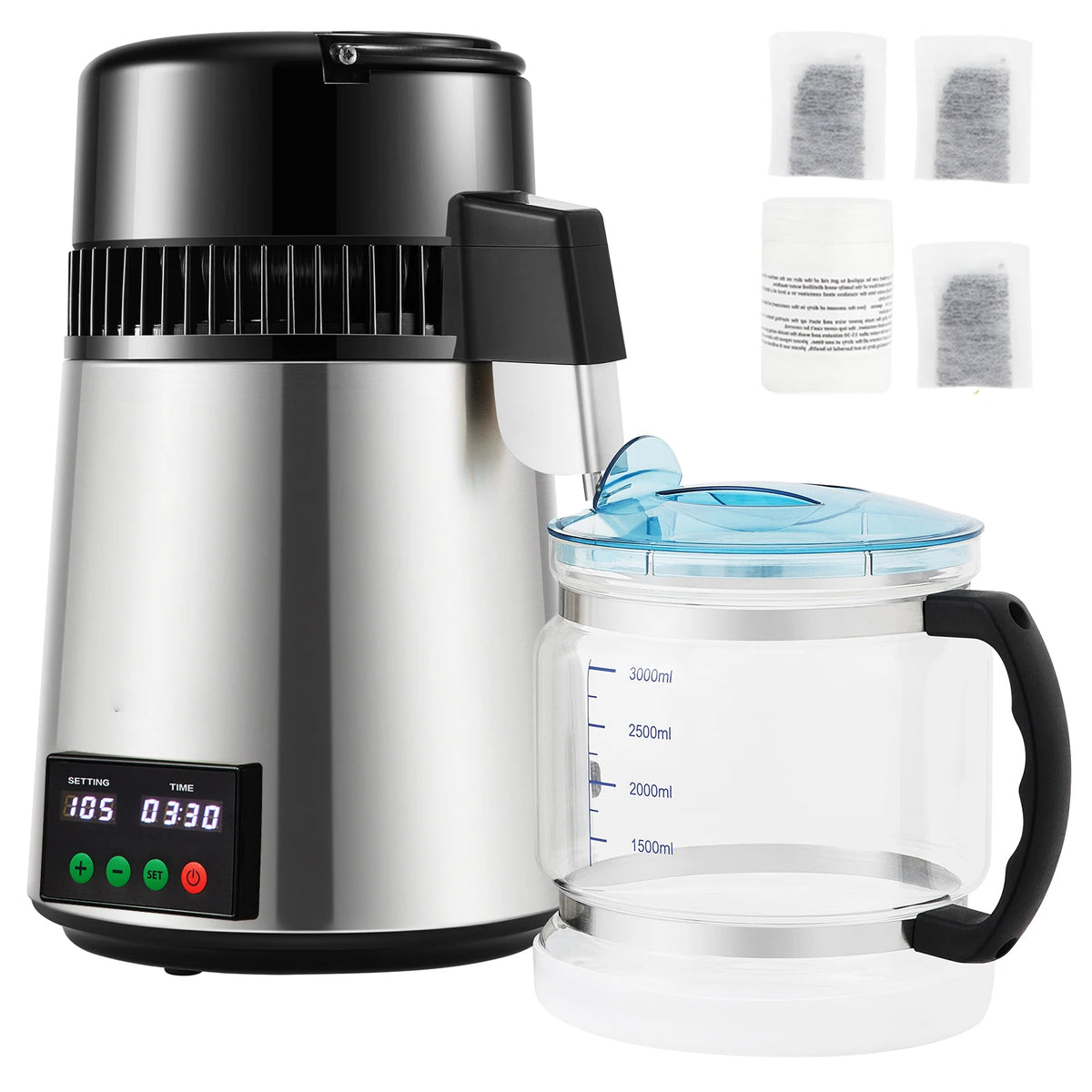 SucceBuy 4L water distiller purifier with stainless steel body, 1 L/h distilling speed, and touch-screen control