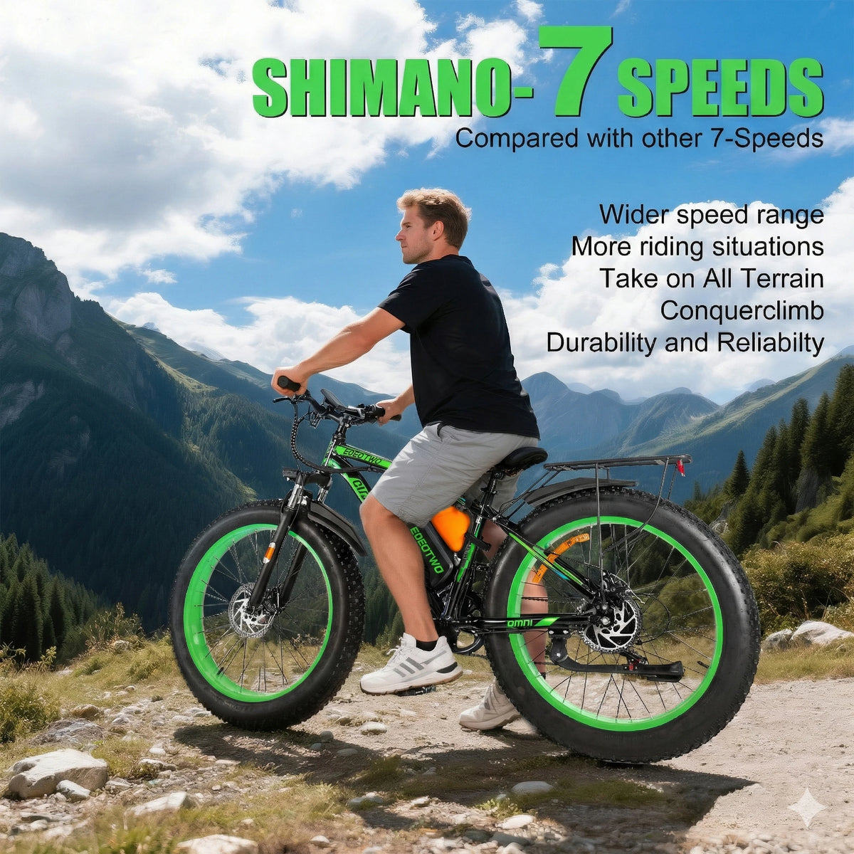Electric fat-tire bike for adults with 26-inch wheels and bright green rims on a rocky mountain trail
