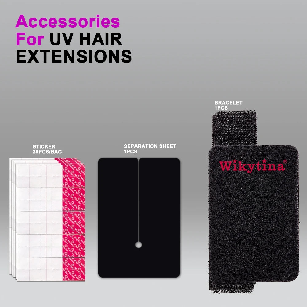 Professional hair extensions kit with 30pcs stickers, 1 separation sheet, and a Wikytina bracelet