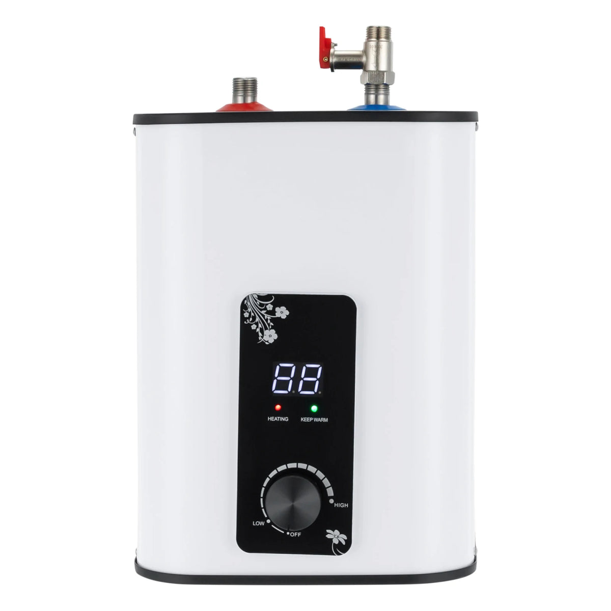 8L Instant Hot Water Heater under-sink, 1500W white cylinder with digital display and red/blue valve connections.
