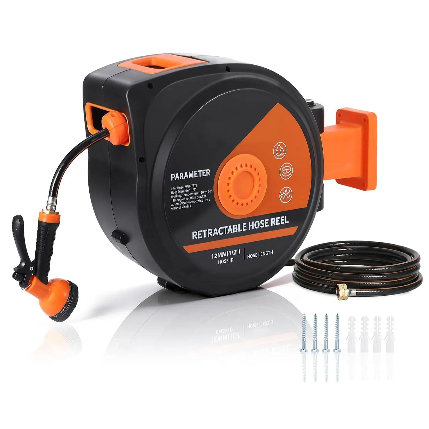 HiMISSG Retractable Wall-Mounted Garden Hose Reel With 10-Pattern Nozzle