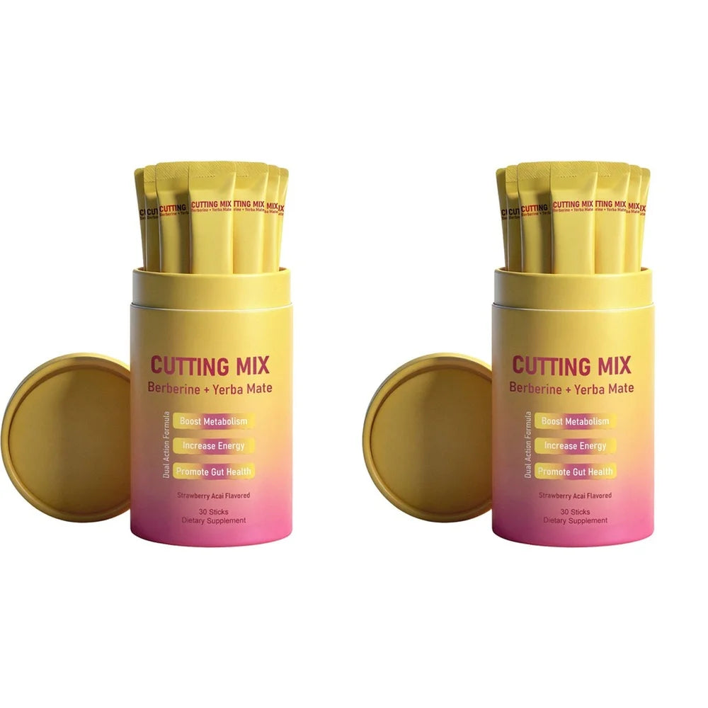 Cutting Mix Berberine + Yerba Mate sticks in yellow gradient tubes, two containers with caps off