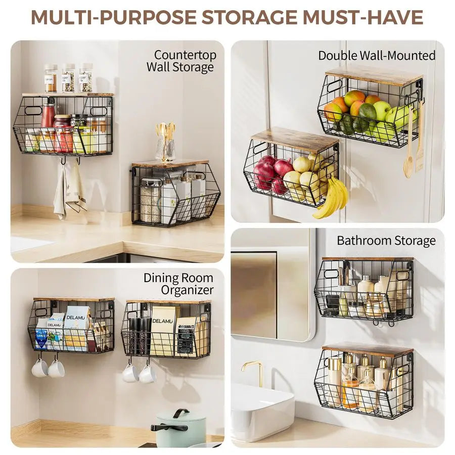 Stackable Metal Fruit Basket With Wood Lid Wall Organizer