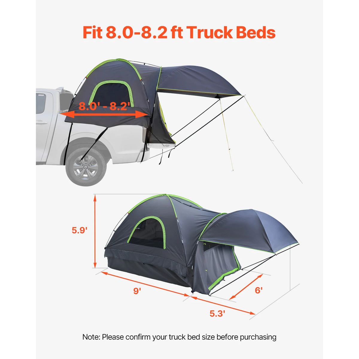 SucceBuy pickup truck tent for 2–3 people, waterproof PU2000 with expandable awning, gray with lime trim.