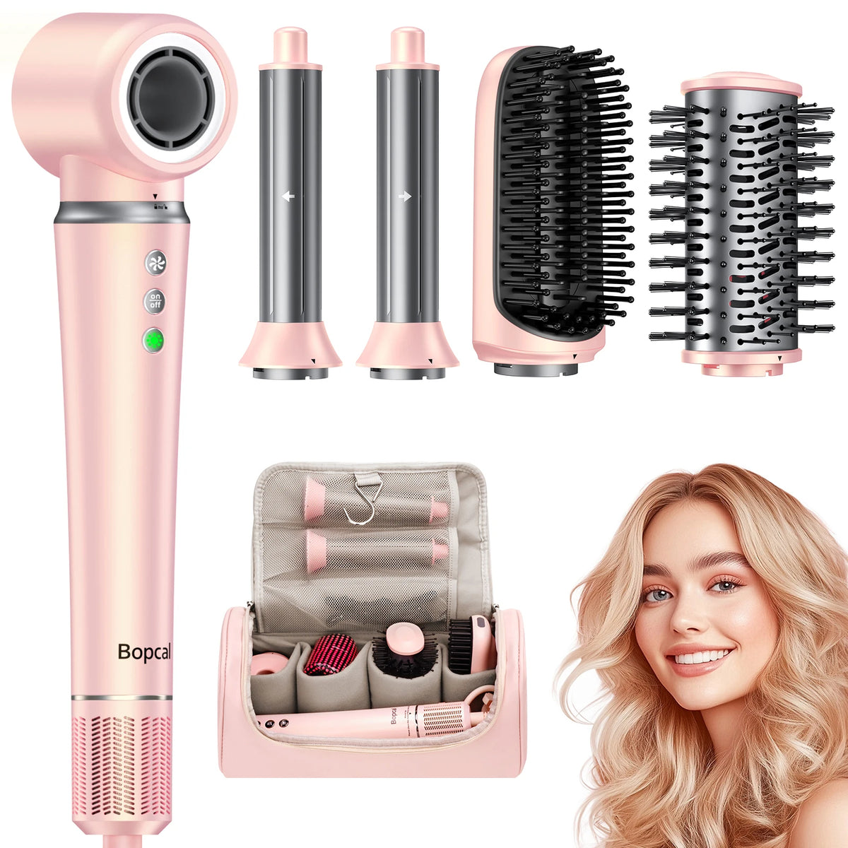 Bopcal 5-in-1 pink hair dryer kit with multiple attachments and travel case.