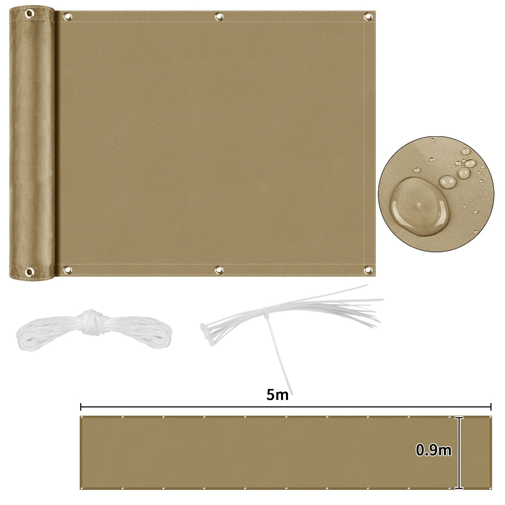 Tan privacy screen for fencing with grommets; 5m long by 0.9m high, includes cords and zip ties.