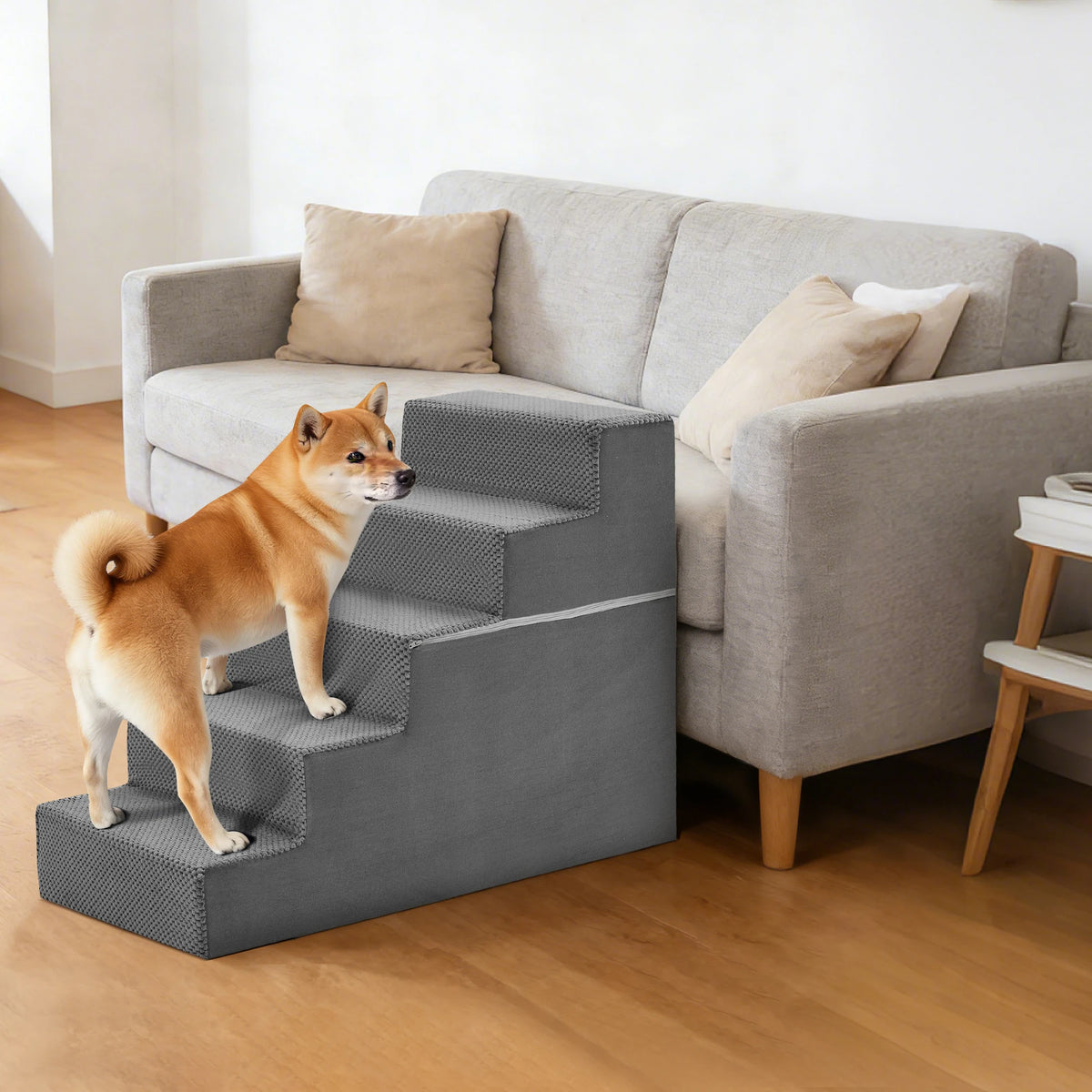JHK 3-5 Step Right Angled Foam Dog Stairs, grey textured non-slip steps