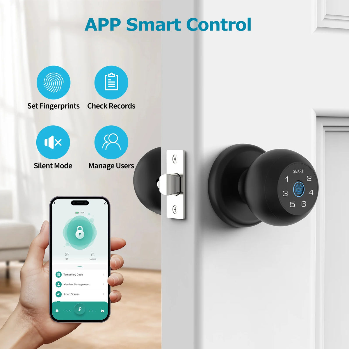 Viladepot smart lock with fingerprint keypad and app control on a gray door, shown with smartphone app UI