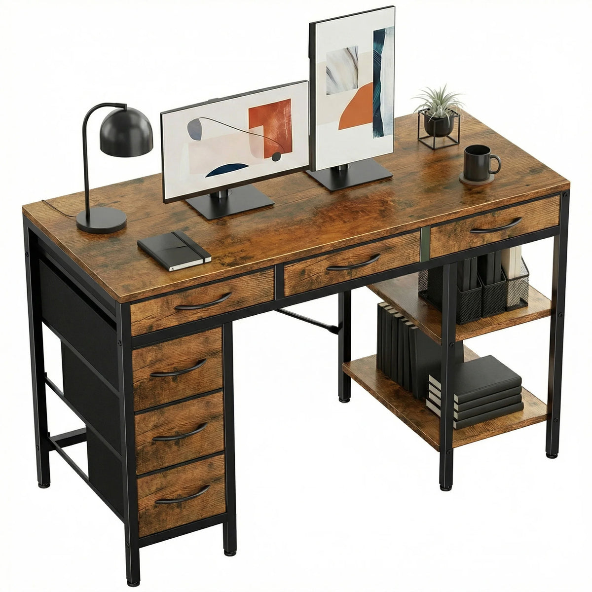 MCQ 47-inch computer desk by S And B Enterprise with 6 fabric drawers, wood top, black metal frame, storage shelves.