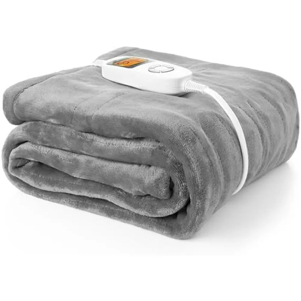 Electric heated blanket throw in soft gray flannel, 60x50 inches, with built-in controller, S And B Enterprise