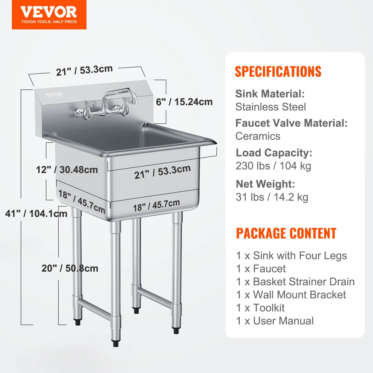SucceBuy Stainless Steel Kitchen Prep & Utility Sink 1 Compartment Restaurant Commercial Steel Sink w/Faucet for Restaurant Home by S And B Enterprise