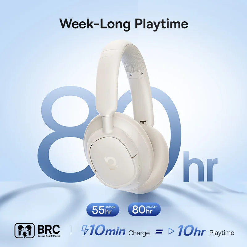 Baseus wireless over-ear headphones in white with long playtime up to 80 hours