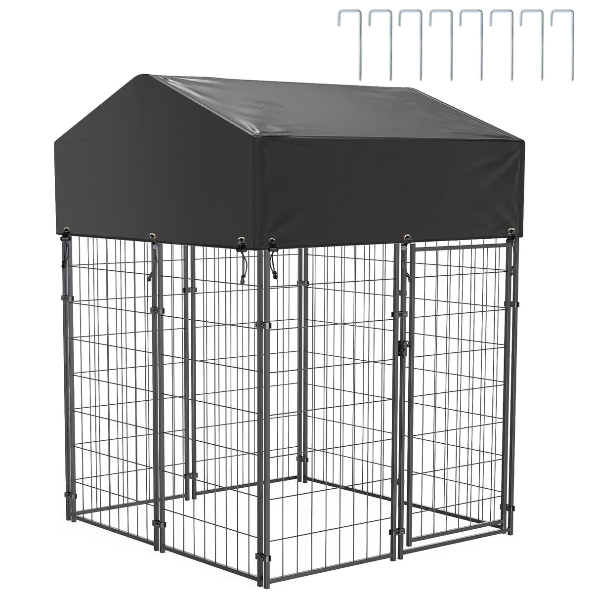 Large outdoor dog kennel with welded wire panels and black waterproof canopy by S And B Enterprise