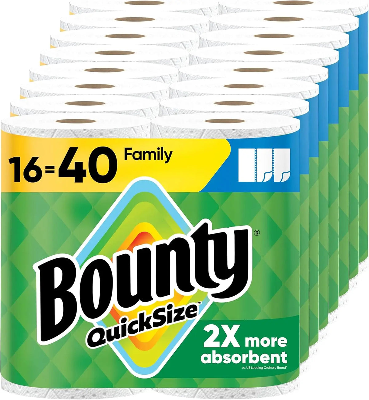 Bounty Quick Size paper towels, white, 16 family rolls (40 regular), 2x more absorbent