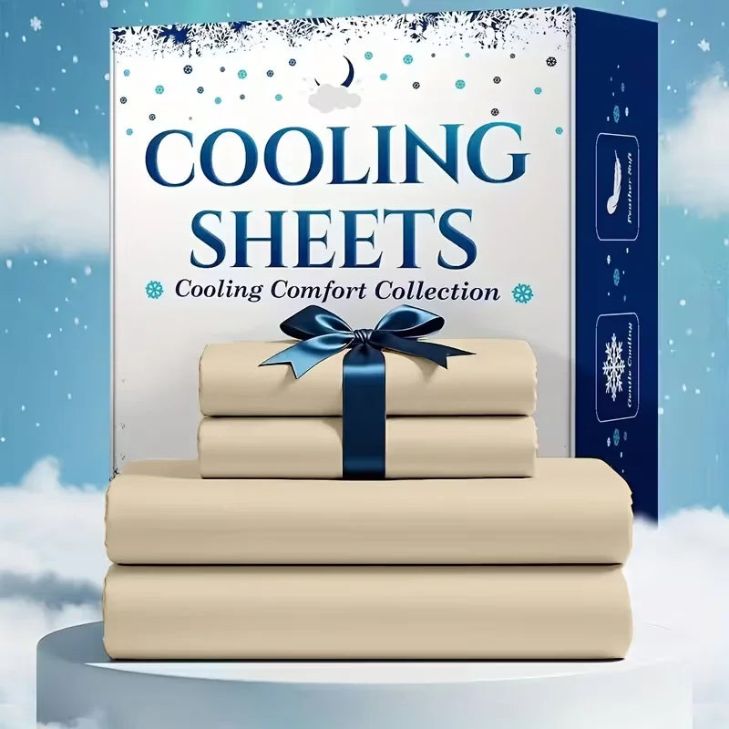 Bamboo cooling queen sheet set (4/6-piece), beige sheets with blue ribbon on a boxed display.