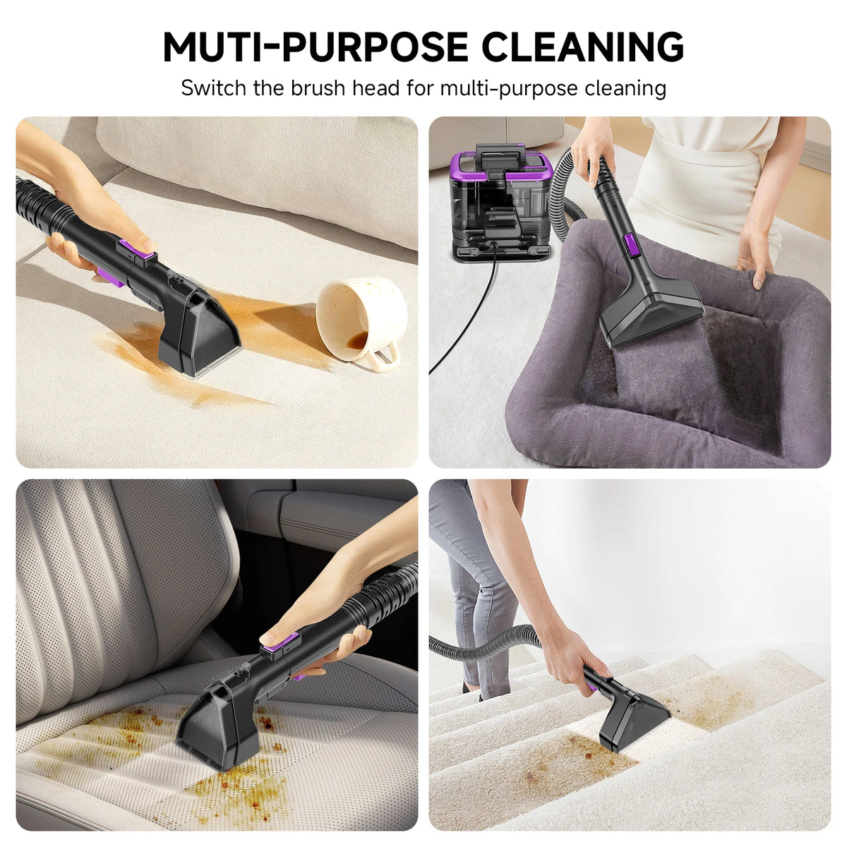 Honki 530W handheld carpet cleaner by S And B Enterprise with 20KPa suction and purple accents for upholstery and carpets.
