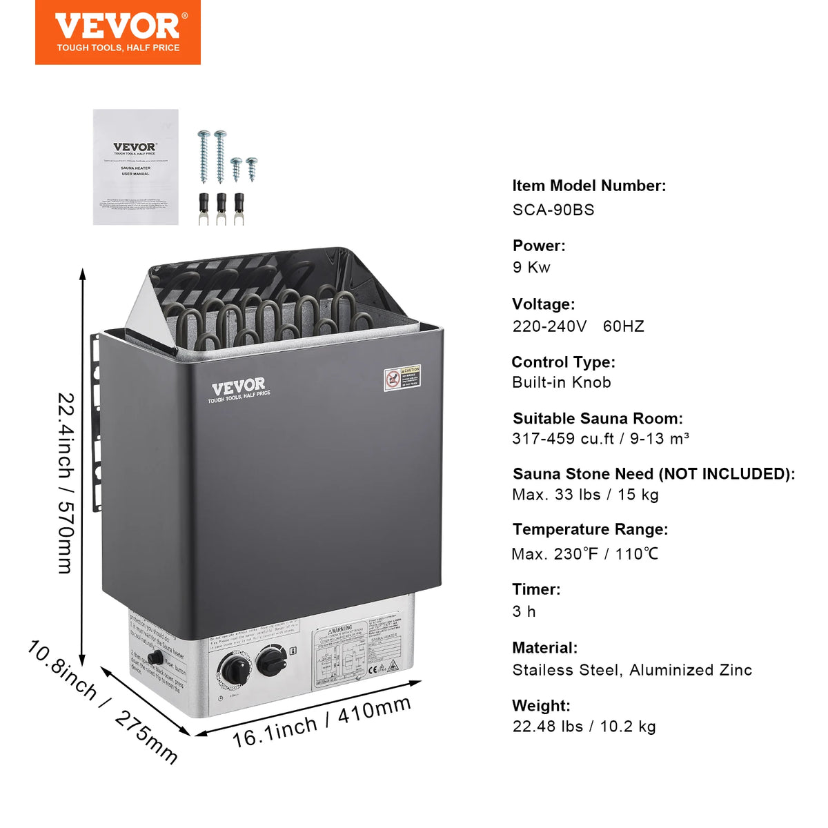 Sauna heater by VEVOR, 220V, 3/4.5/6/9kW, stainless steel body; includes manual and mounting screws.
