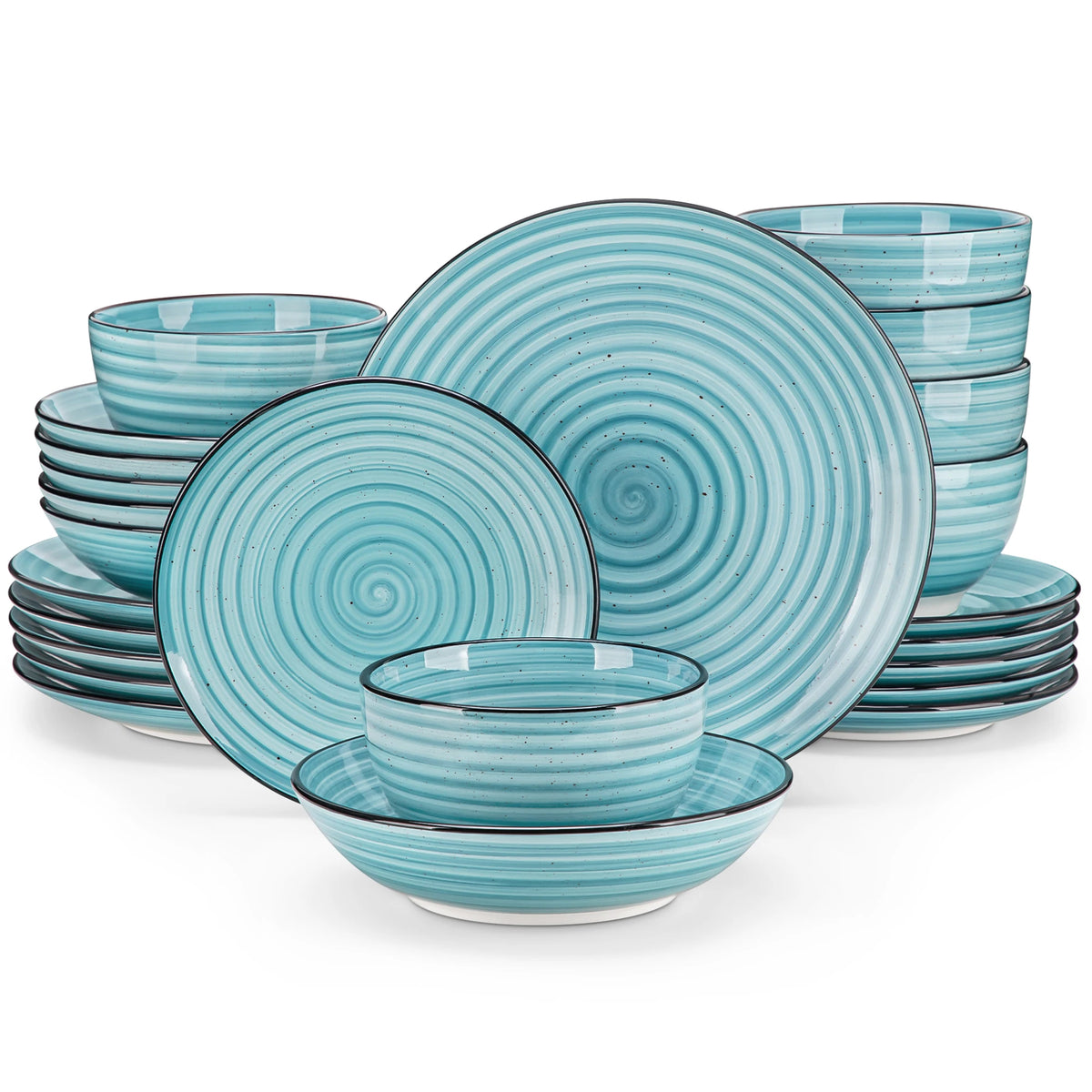 Blue spiral hand-painted dinnerware set with plates and bowls