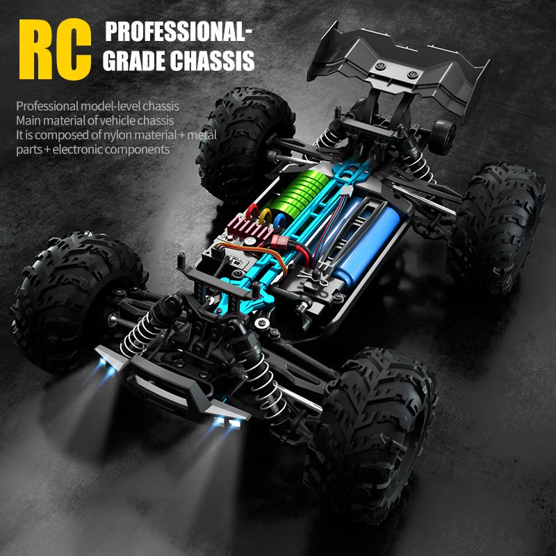 WLtoys 16101 Pro 1:16 4WD RC car chassis with LED headlights and exposed electronics