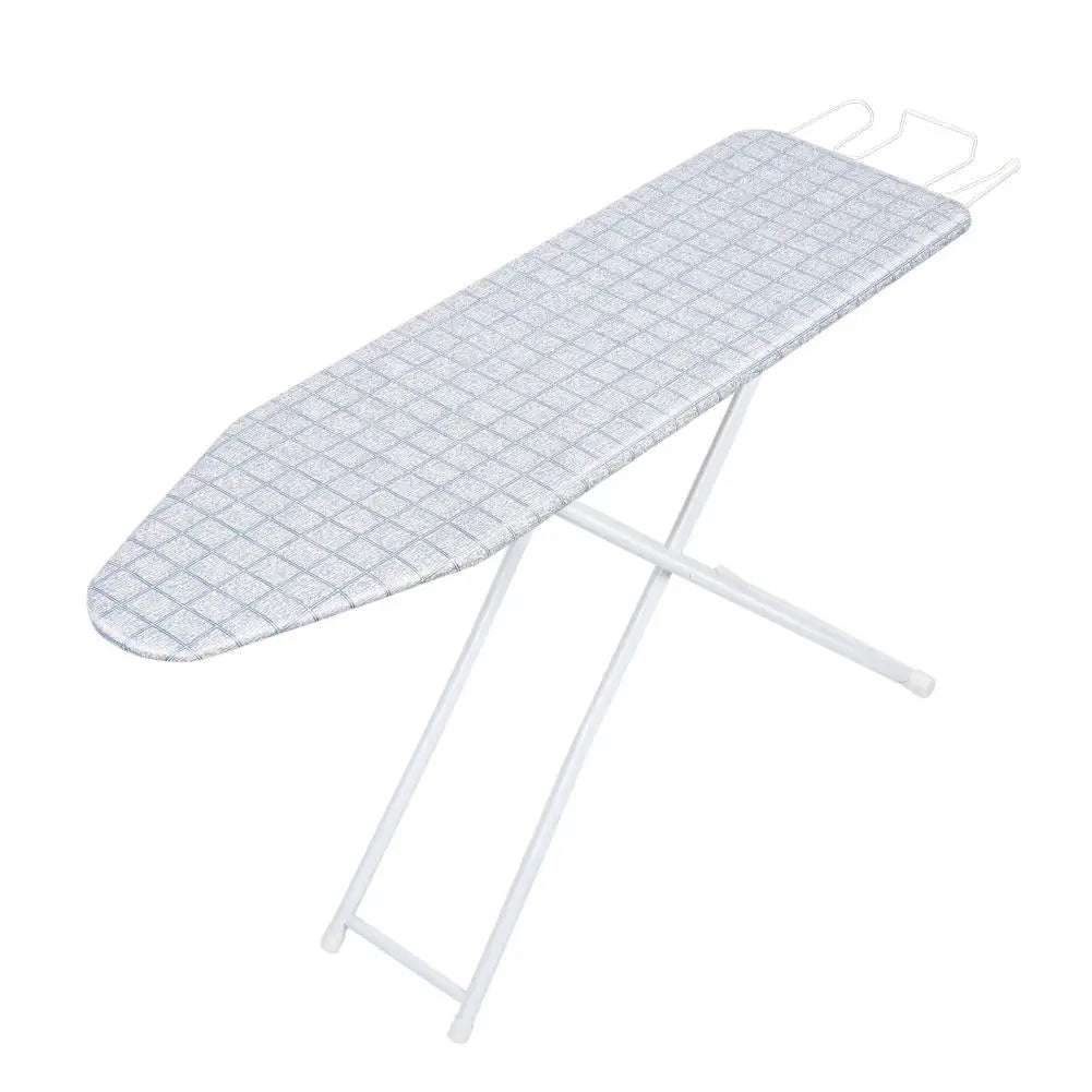 Full-size folding ironing board by S And B Enterprise, 42-inch, blue plaid heat-resistant cover, white non-slip legs.
